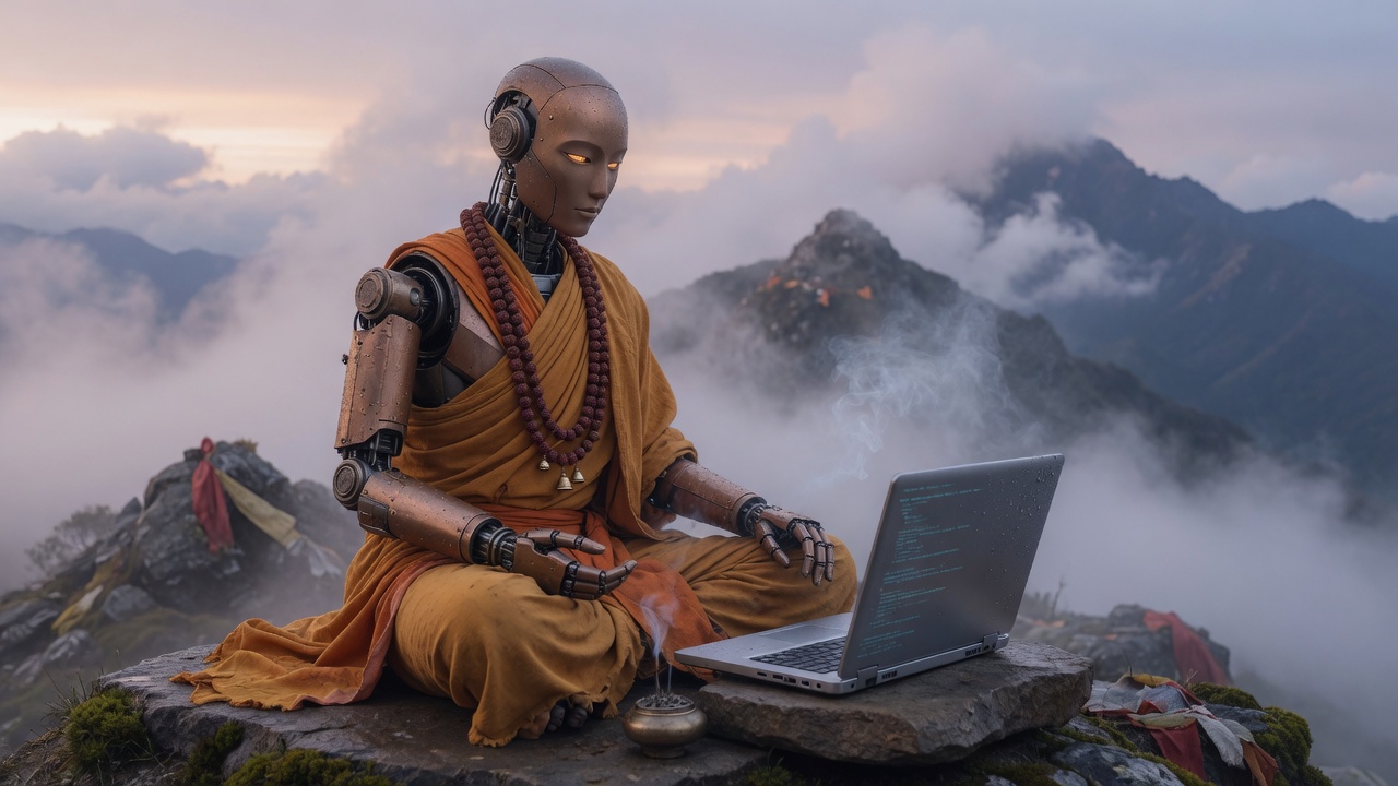 Close crop of the mountain guru at work: a brass incense bowl smoking beside a silver laptop of teal code on a wet stone, saffron cloth and misted peaks behind.